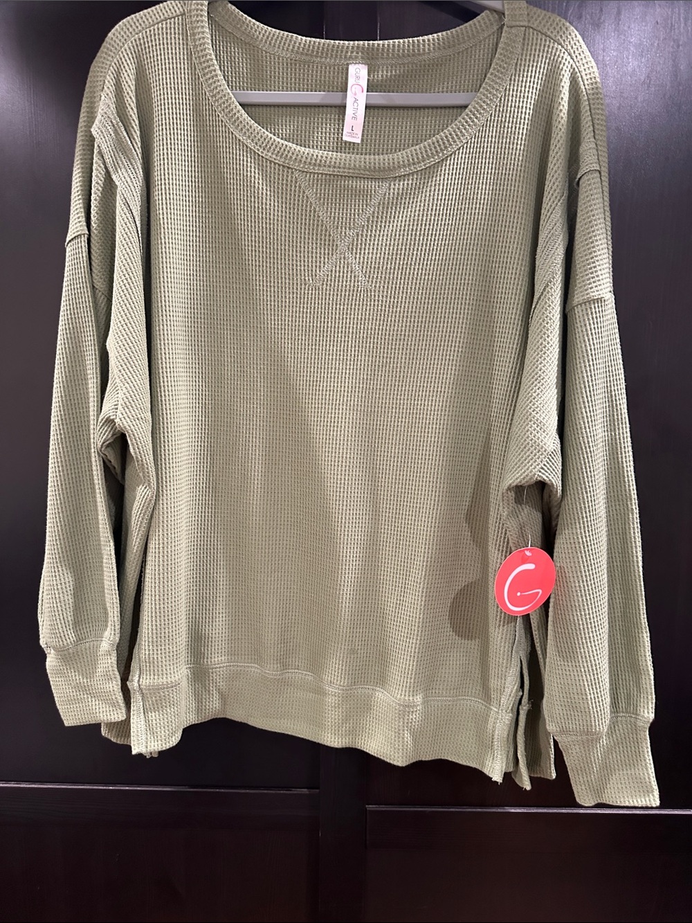 Active USA Olive Green Waffle Knit Long Sleeve Sweatshirt